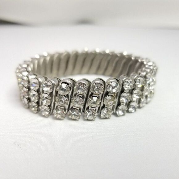 Vintage Three Row Rhinestone Expansion Stretch Bangle Bracelet British Hong Kong - Picture 3 of 8